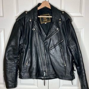 Vintage Black Leather Moto Jacket with Harley Davidson Patches